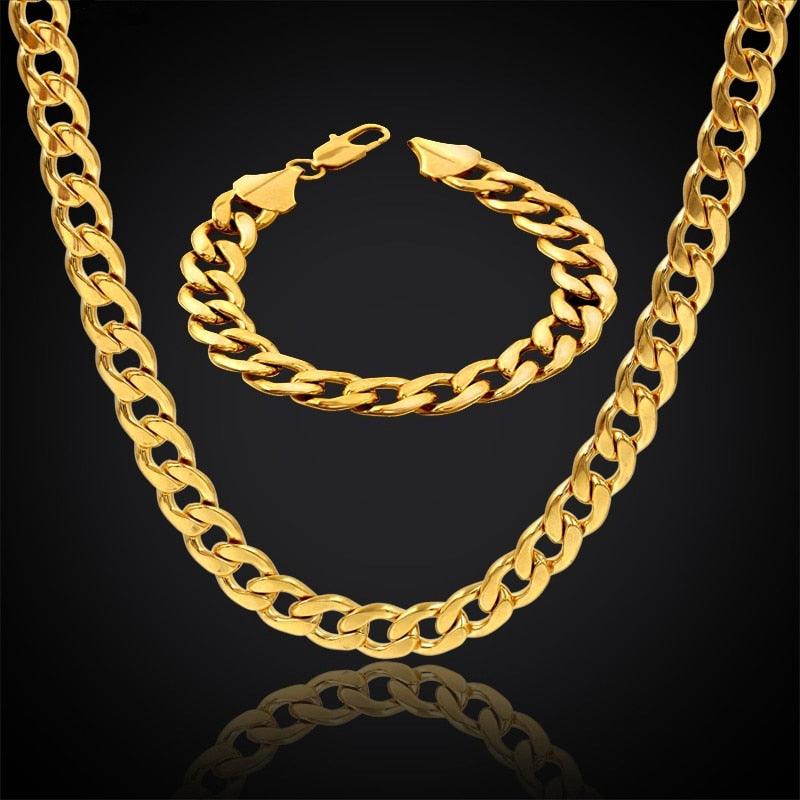 Cuban Link Chain Necklace & Bracelet Set - African Dubai Gold Color Stainless Steel Jewelry Sets (MJ4)(F83)