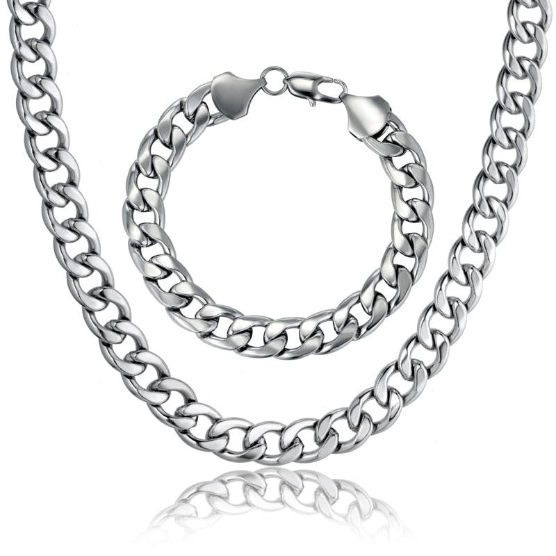 Cuban Link Chain Necklace & Bracelet Set - African Dubai Gold Color Stainless Steel Jewelry Sets (MJ4)(F83)