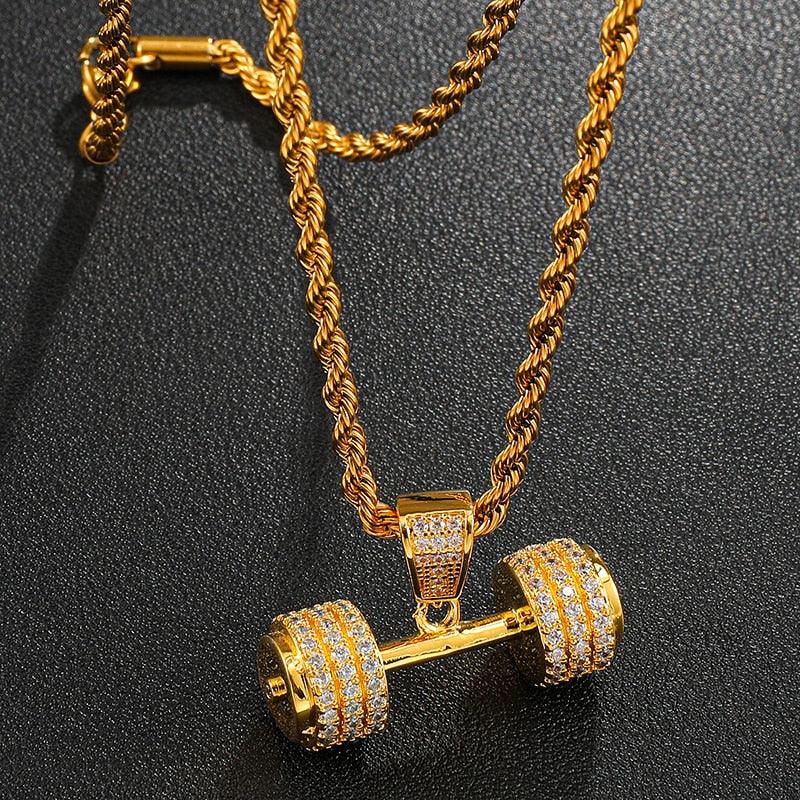Bling Rope Chain Barbell Gym Fitness Dumbbell Gold Color Hand Pendants & Necklaces (1U83)