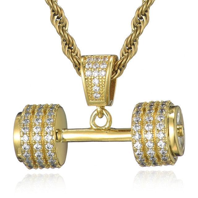 Bling Rope Chain Barbell Gym Fitness Dumbbell Gold Color Hand Pendants & Necklaces (1U83)