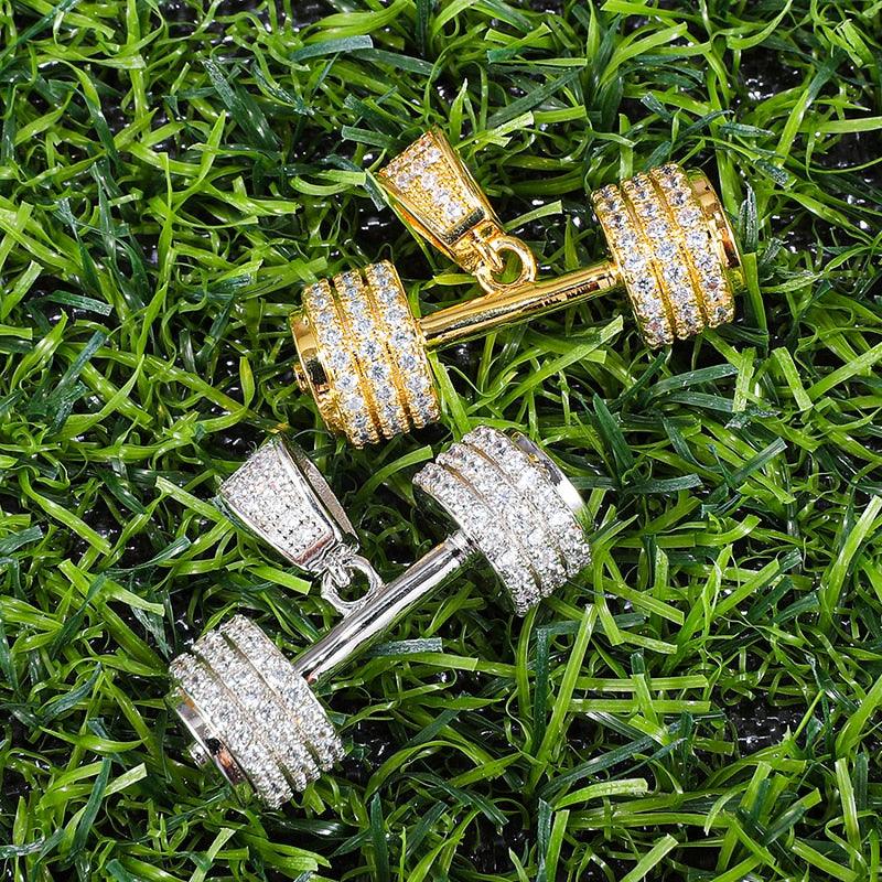 Bling Rope Chain Barbell Gym Fitness Dumbbell Gold Color Hand Pendants & Necklaces (1U83)