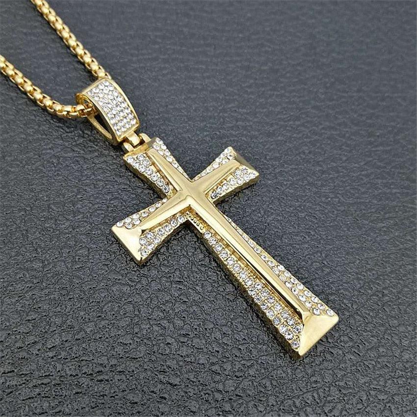 Hip Hop Stainless Steel Knight Cross Pendant Necklace - Men's Gold Color Chain (MJ2)(F83)