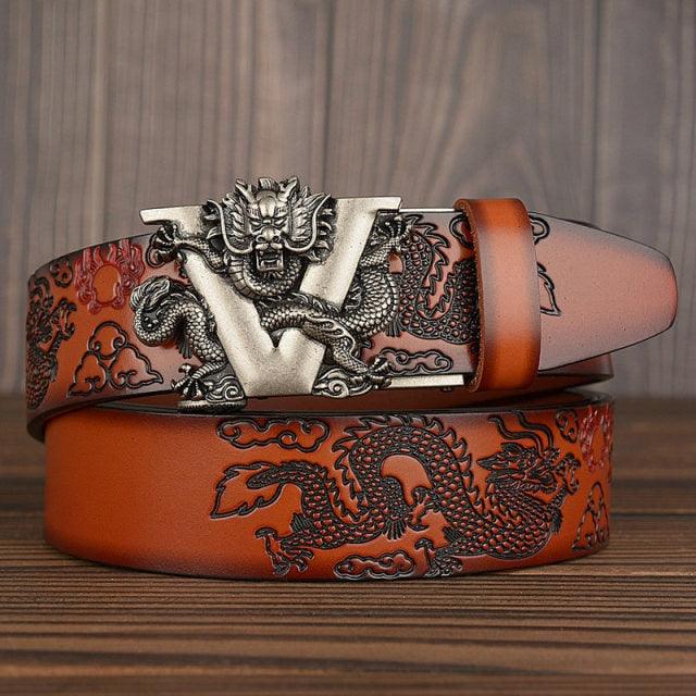 New Men's China Dragon Belt - Genuine Leather Belt - Dragon Pattern Automatic Buckle Belt Strap (MA1)(F17)