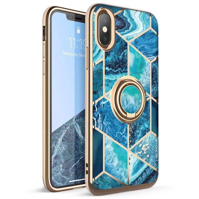 iphone X Xs Case Cosmo Snap Slim Marble Cover with Built-in 360 Rotatable Ring Holder Kickstand Support Car Mount (RS6)(1U50)