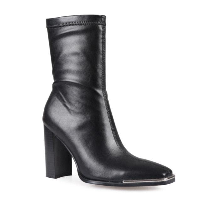 Great Stretch Slip On Ankle Boots - Women Metal Square Toe Boots - Sock Thick High Heels (1U38)(1U107)(1U36)(BB1)(BB2)(CD)(WO4)
