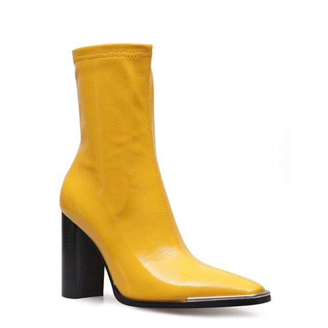 Great Stretch Slip On Ankle Boots - Women Metal Square Toe Boots - Sock Thick High Heels (1U38)(1U107)(1U36)(BB1)(BB2)(CD)(WO4)