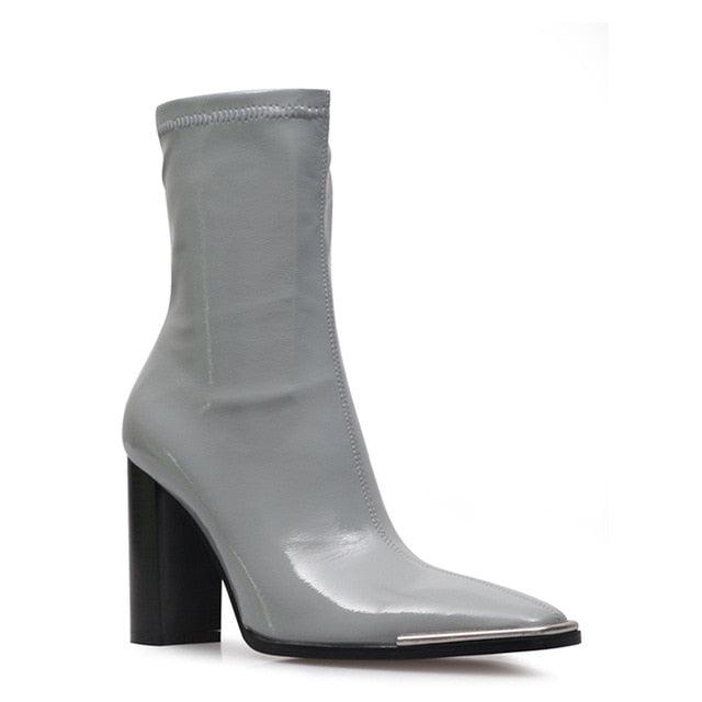 Great Stretch Slip On Ankle Boots - Women Metal Square Toe Boots - Sock Thick High Heels (1U38)(1U107)(1U36)(BB1)(BB2)(CD)(WO4)