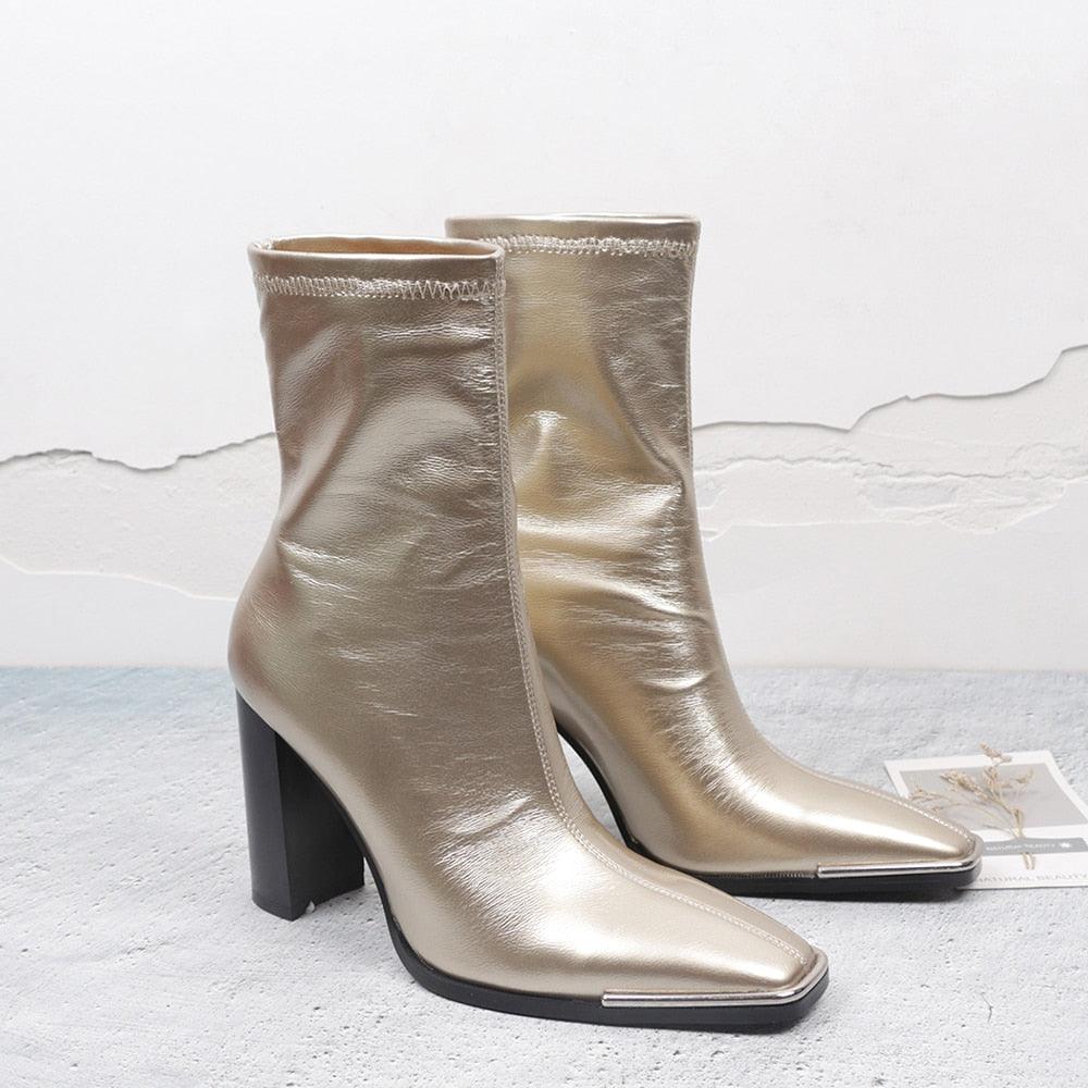 Great Stretch Slip On Ankle Boots - Women Metal Square Toe Boots - Sock Thick High Heels (1U38)(1U107)(1U36)(BB1)(BB2)(CD)(WO4)