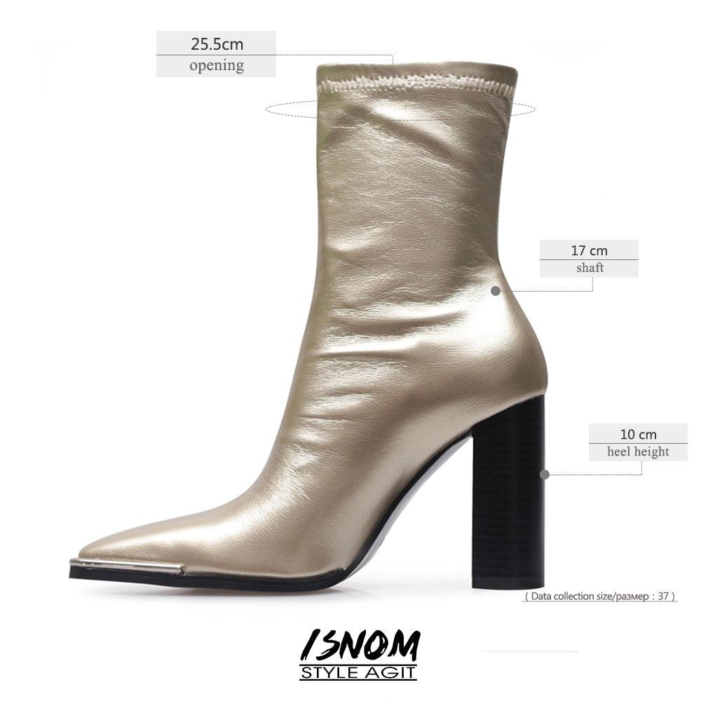 Great Stretch Slip On Ankle Boots - Women Metal Square Toe Boots - Sock Thick High Heels (1U38)(1U107)(1U36)(BB1)(BB2)(CD)(WO4)