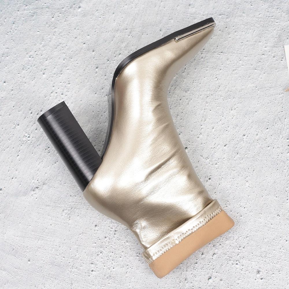 Great Stretch Slip On Ankle Boots - Women Metal Square Toe Boots - Sock Thick High Heels (1U38)(1U107)(1U36)(BB1)(BB2)(CD)(WO4)