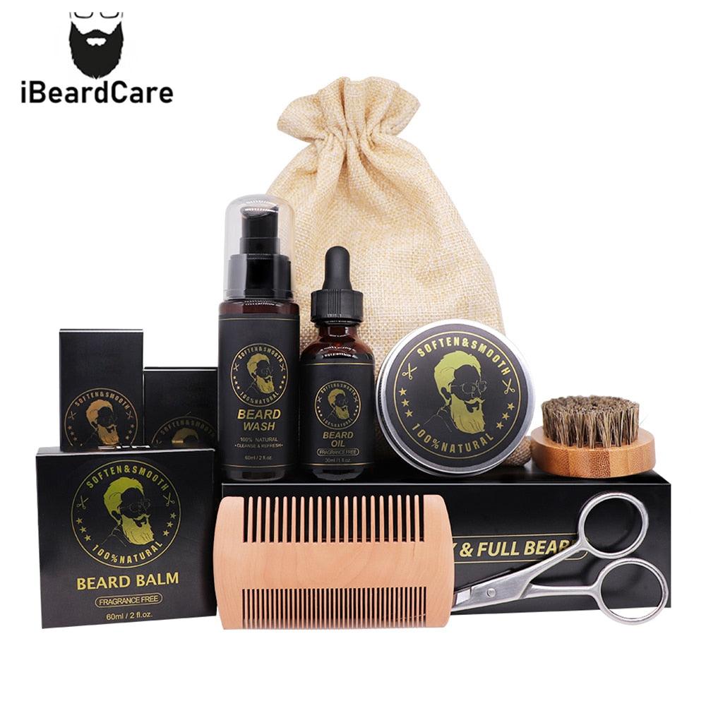 6Pcs/Set Men Beard Care Kit Hair Growth Enhancer Nourishing - Balm Pure Natural Scissors Brush Wash Cleaner(BD7)(BD1)(BD2)(BD3)
