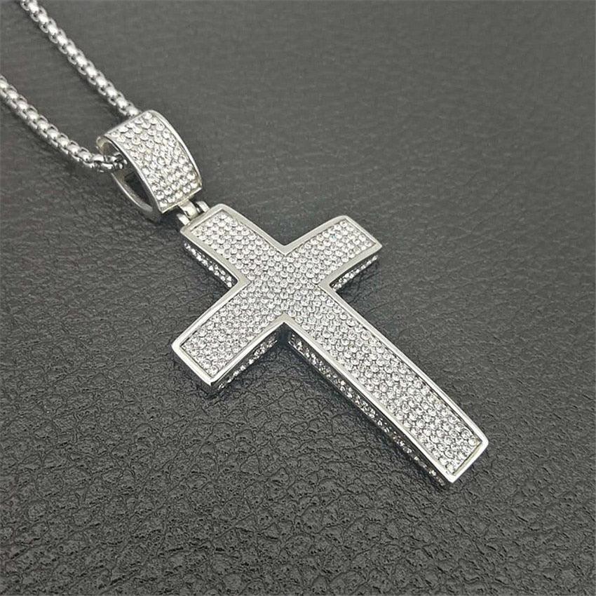 Big Cross Pendant Necklace Stainless Steel CZ Cross Necklaces - Bling Cubic Zircon Jewelry (MJ2)