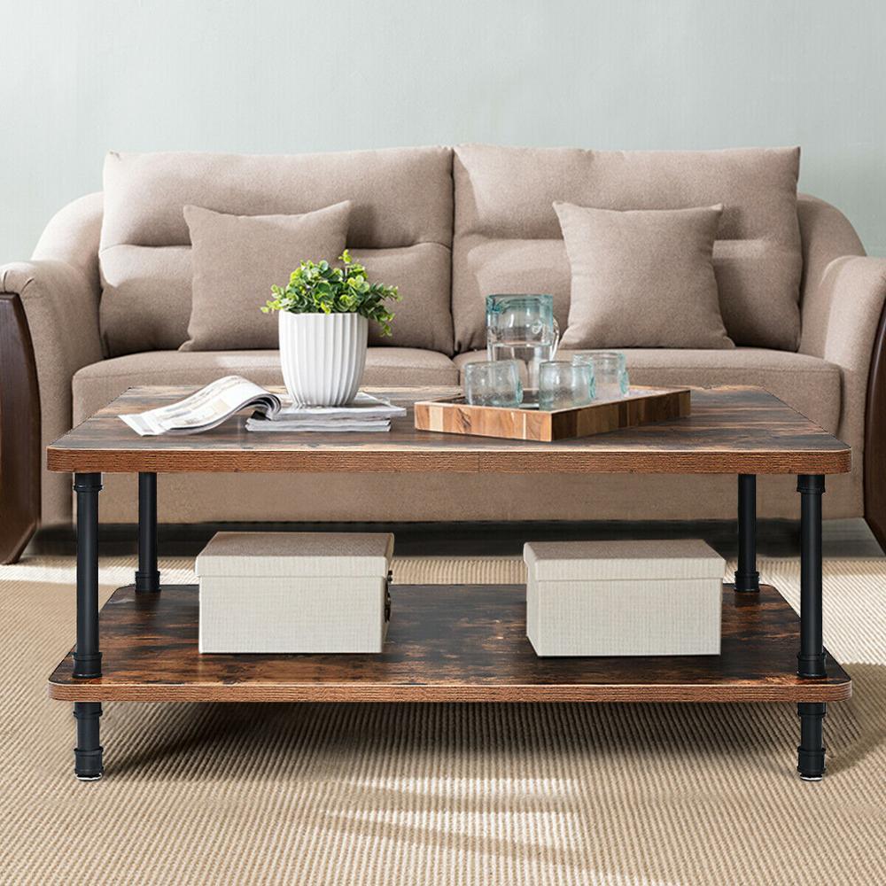 Industrial Coffee Table Rustic Accent Table Storage Shelf Living Room Furniture (FW1)(1U67)