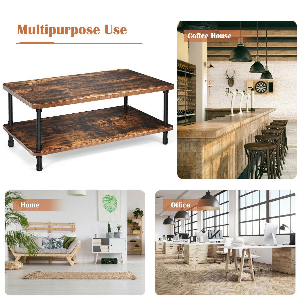 Industrial Coffee Table Rustic Accent Table Storage Shelf Living Room Furniture (FW1)(1U67)