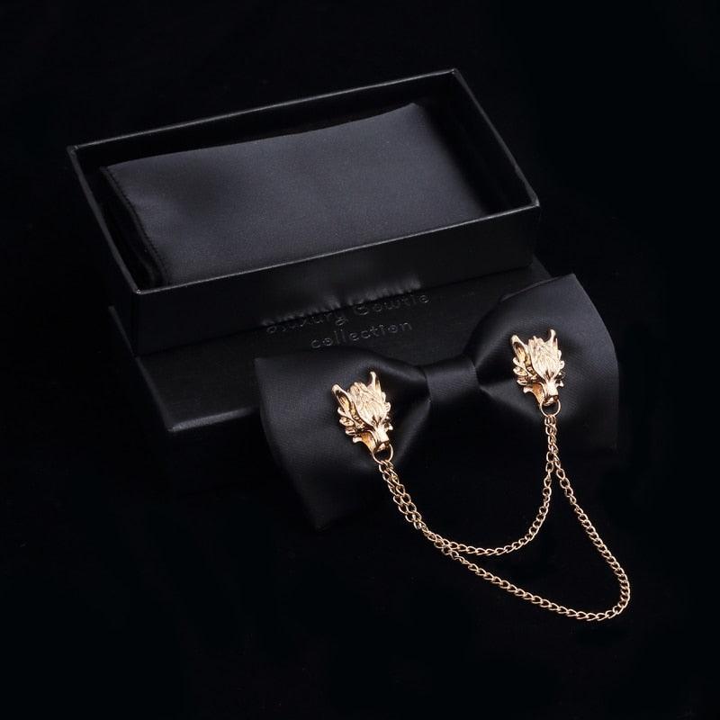 Great Metal Golden Wolf Two Layer Neck Bowtie Solid Bow Tie - Men's Adjustable Bowtie (D17)(MA2)