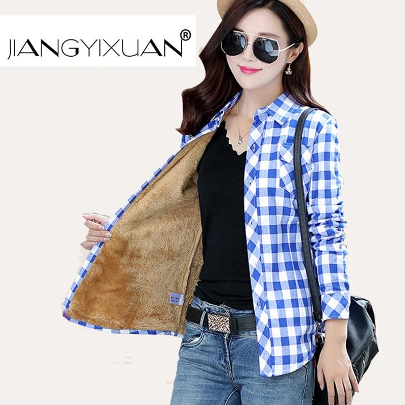 Warm Lattice Women Cotton Thickening Jacket Plaid Shirt - Blouses Shirts Female Tops (D19)(TB4)