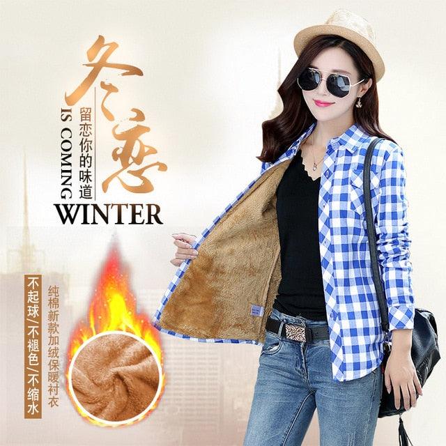 Warm Lattice Women Cotton Thickening Jacket Plaid Shirt - Blouses Shirts Female Tops (D19)(TB4)