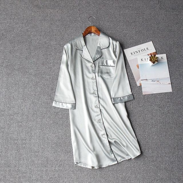Trending Faux Silk Women's Sleep Dress - Casual Half Sleeve Lapel Collar Nightwear (D90)(ZP2)