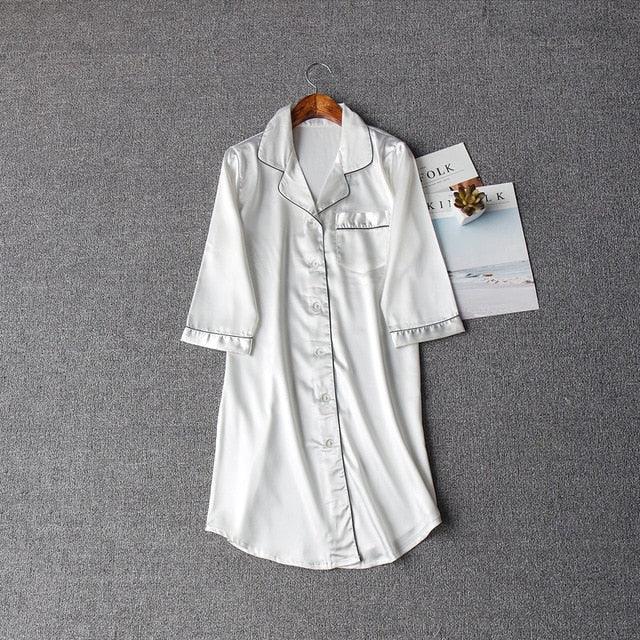 Trending Faux Silk Women's Sleep Dress - Casual Half Sleeve Lapel Collar Nightwear (D90)(ZP2)