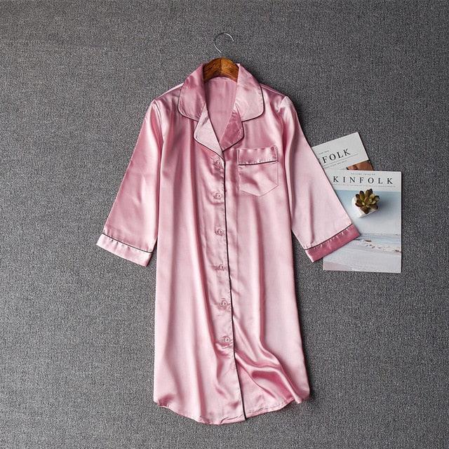Trending Faux Silk Women's Sleep Dress - Casual Half Sleeve Lapel Collar Nightwear (D90)(ZP2)