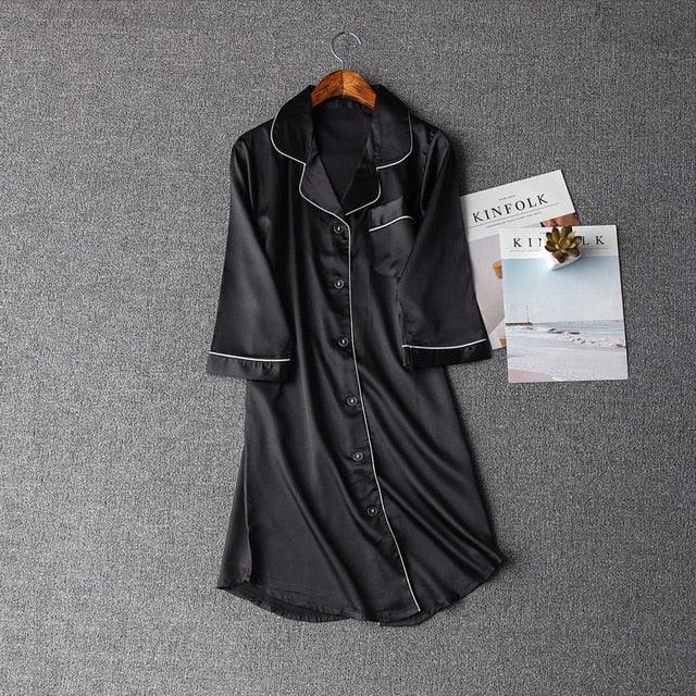 Trending Faux Silk Women's Sleep Dress - Casual Half Sleeve Lapel Collar Nightwear (D90)(ZP2)