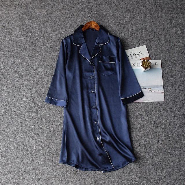 Trending Faux Silk Women's Sleep Dress - Casual Half Sleeve Lapel Collar Nightwear (D90)(ZP2)