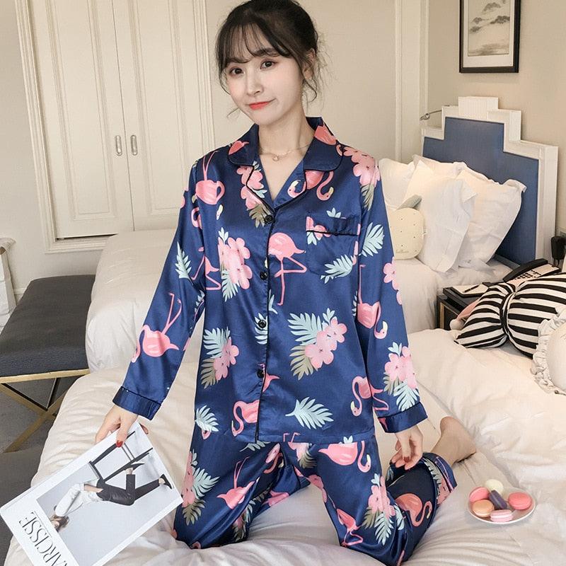 Cute Women's Pajamas Faux Silk Sleepwear - Satin Flower Print Pajamas Set - 2 Piece (D90)(ZP1)