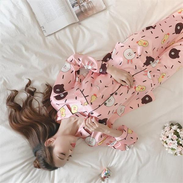 Cute Women's Pajamas Faux Silk Sleepwear - Satin Flower Print Pajamas Set - 2 Piece (D90)(ZP1)