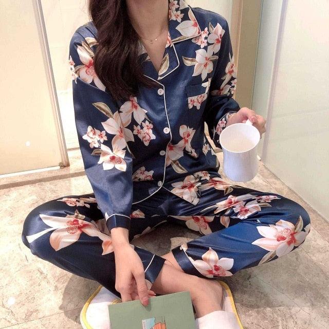 Cute Women's Pajamas Faux Silk Sleepwear - Satin Flower Print Pajamas Set - 2 Piece (D90)(ZP1)