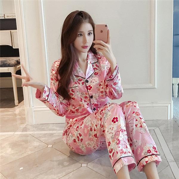Cute Women's Pajamas Faux Silk Sleepwear - Satin Flower Print Pajamas Set - 2 Piece (D90)(ZP1)