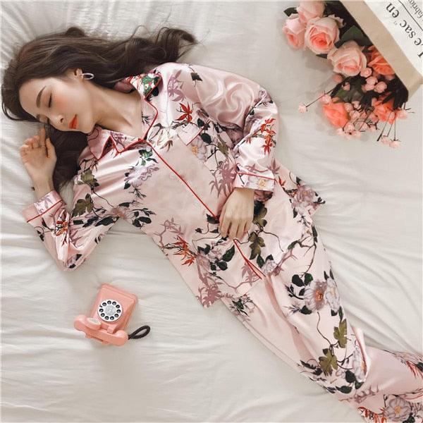 Cute Women's Pajamas Faux Silk Sleepwear - Satin Flower Print Pajamas Set - 2 Piece (D90)(ZP1)