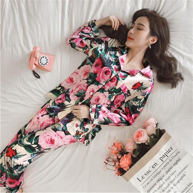 Cute Women's Pajamas Faux Silk Sleepwear - Satin Flower Print Pajamas Set - 2 Piece (D90)(ZP1)