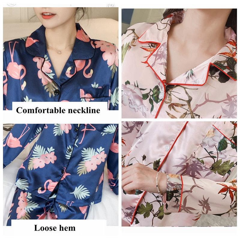 Cute Women's Pajamas Faux Silk Sleepwear - Satin Flower Print Pajamas Set - 2 Piece (D90)(ZP1)