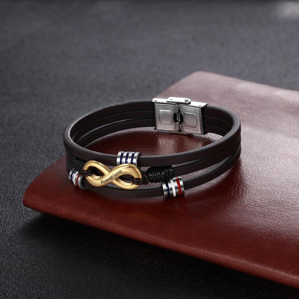 Customized 3-Layers Brown Leather Bracelets - Personalized Engraving Name Infinity Wristband Bracelets (2U83)