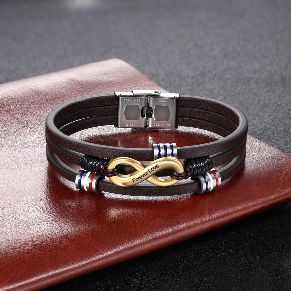 Customized 3-Layers Brown Leather Bracelets - Personalized Engraving Name Infinity Wristband Bracelets (2U83)