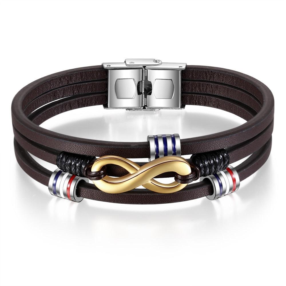 Customized 3-Layers Brown Leather Bracelets - Personalized Engraving Name Infinity Wristband Bracelets (2U83)