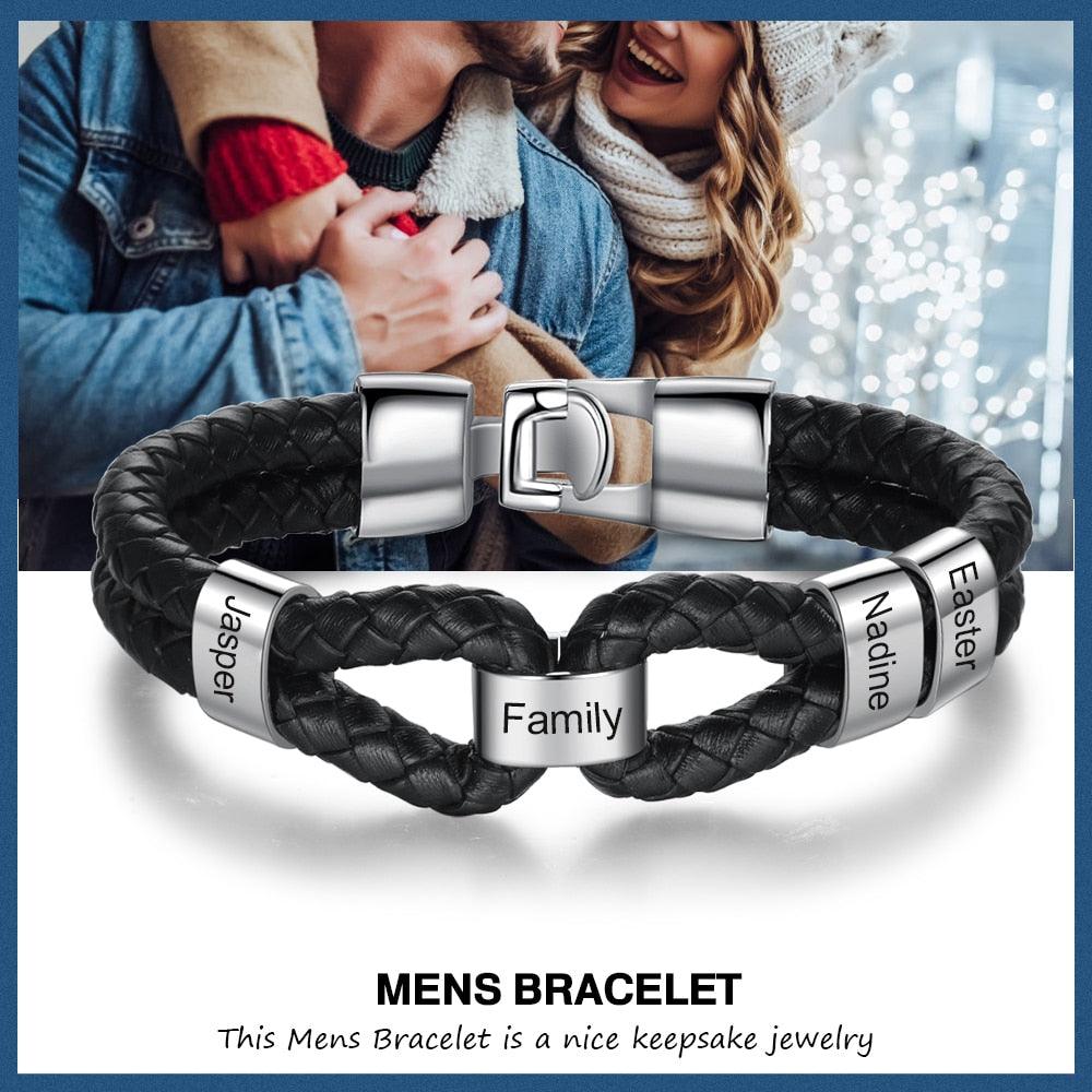 Personalized Leather Bracelet with Custom Beads - Stainless Steel Engraved Bracelets (2U83)