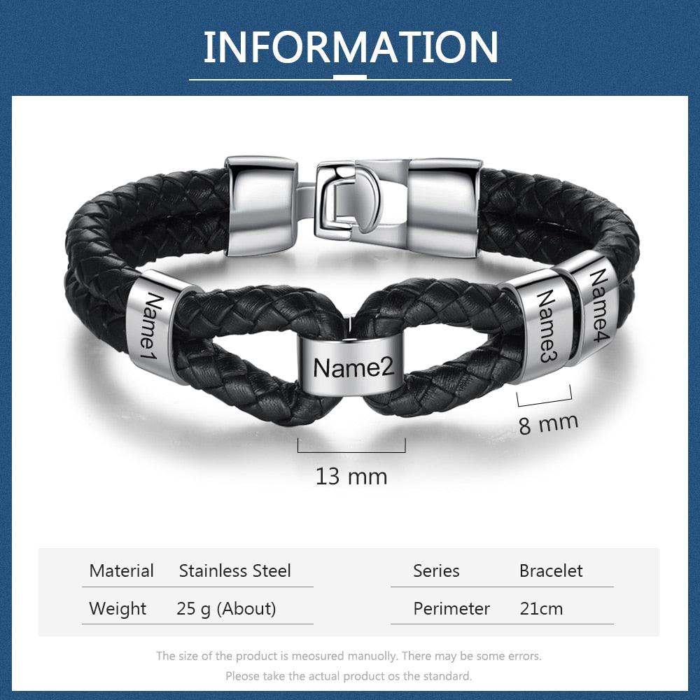 Personalized Leather Bracelet with Custom Beads - Stainless Steel Engraved Bracelets (2U83)