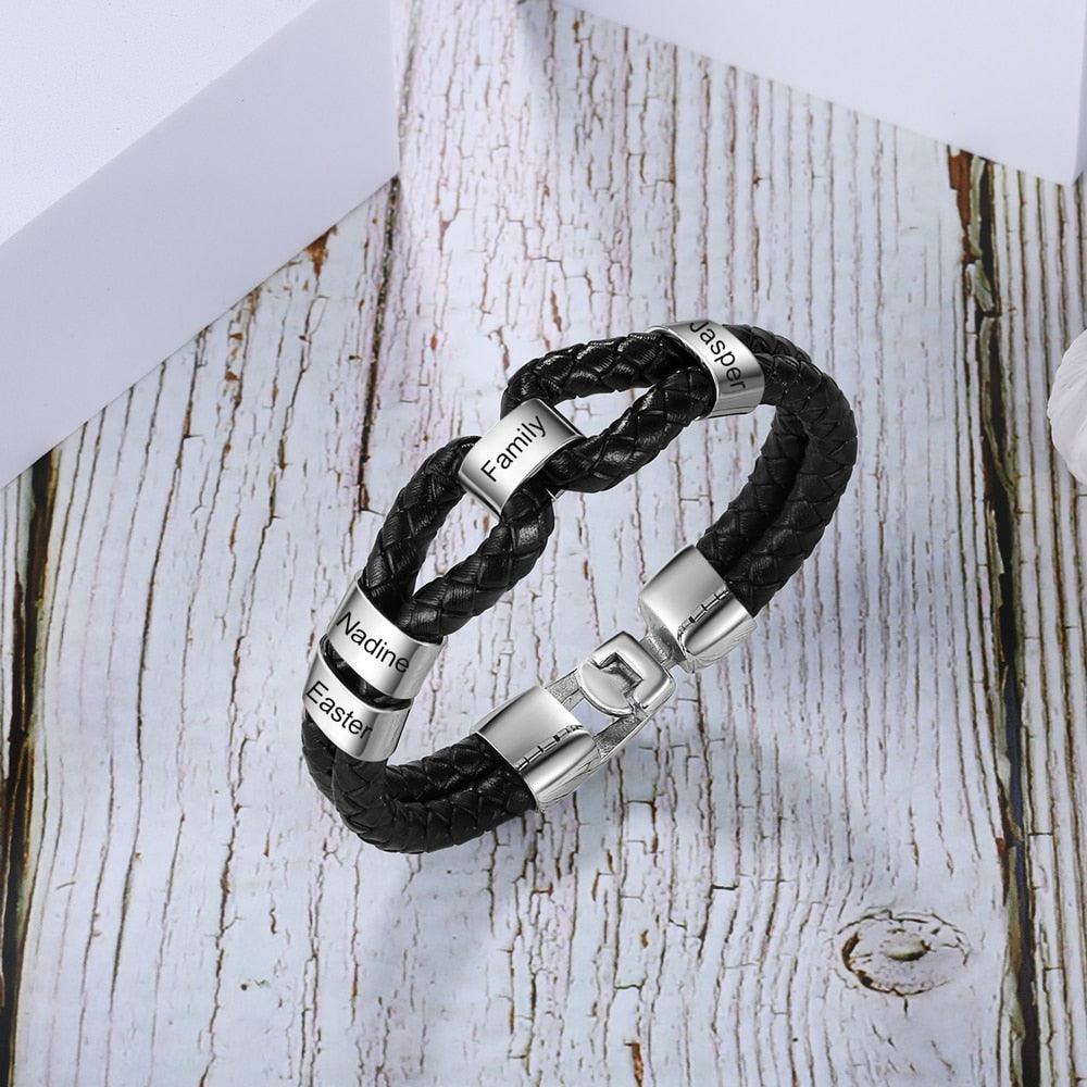 Personalized Leather Bracelet with Custom Beads - Stainless Steel Engraved Bracelets (2U83)