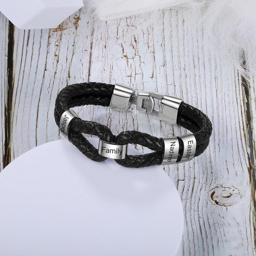 Personalized Leather Bracelet with Custom Beads - Stainless Steel Engraved Bracelets (2U83)