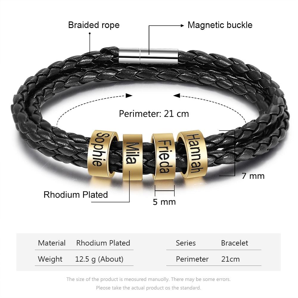 Personalized Multilayer Leather Bracelets -Customized Engraving Name Beads Charm Bracelet & Bangles (2U83)