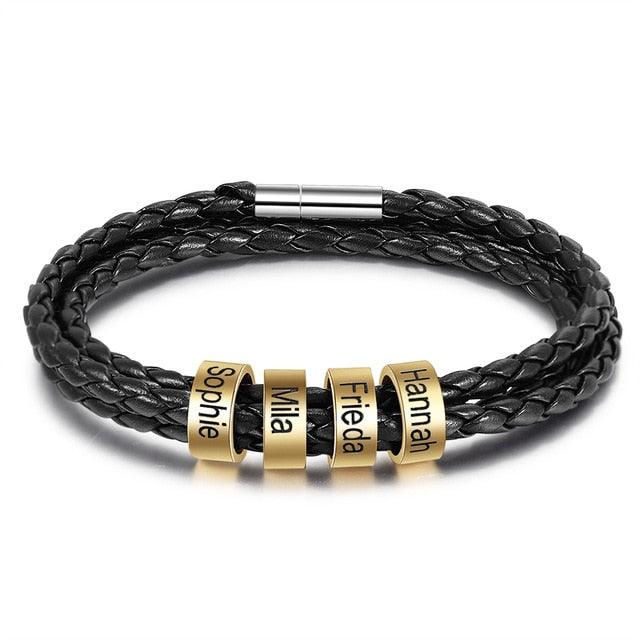Personalized Multilayer Leather Bracelets -Customized Engraving Name Beads Charm Bracelet & Bangles (2U83)
