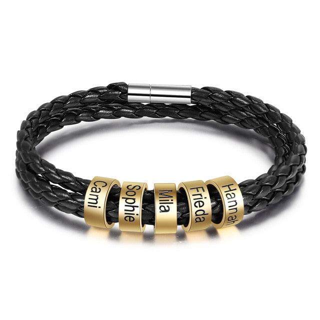 Personalized Multilayer Leather Bracelets -Customized Engraving Name Beads Charm Bracelet & Bangles (2U83)