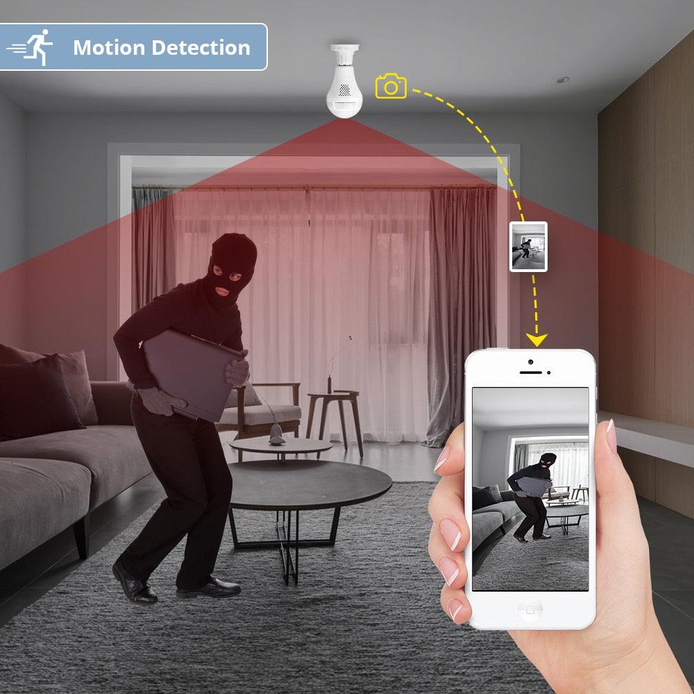 KERUI LED Light 1080P 2MP Wireless Panoramic Camera Home Security WiFi CCTV Fisheye Bulb Lamp Burglar 360 Degree IP Camera (MC8)(F54)
