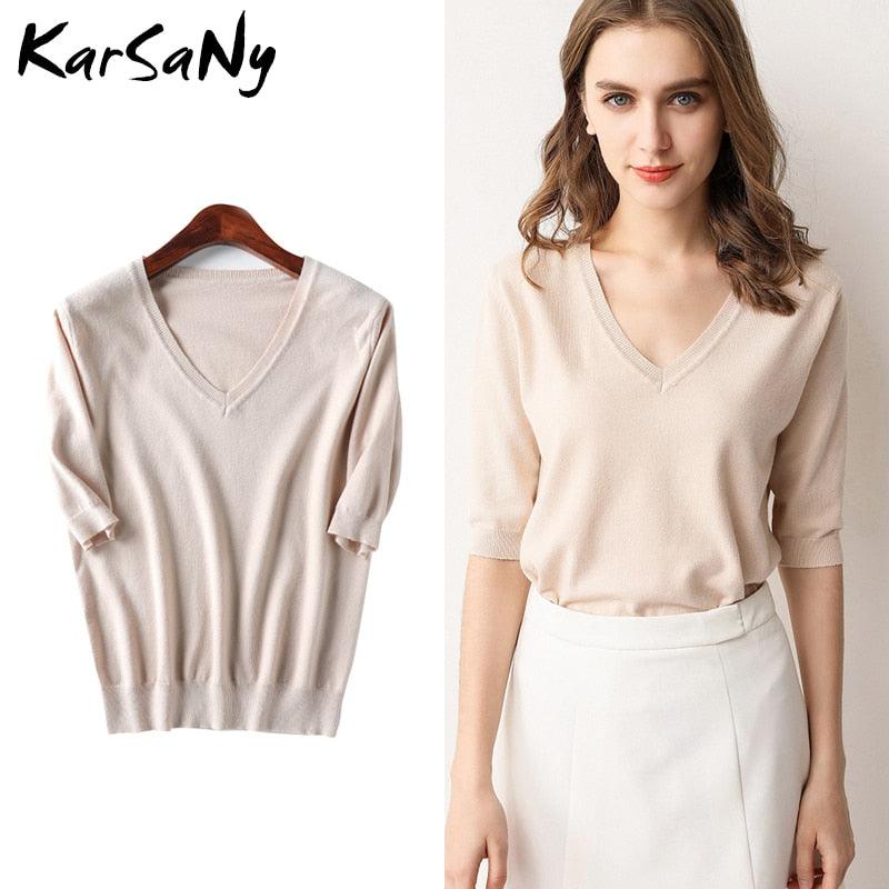 Nice Half Sleeve Knitted Blouse - Women Summer Ladies V-neck Blouses - Blouse Knitted Women Tops - Plus Size (TB1)(F19)