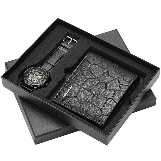 Great Mechanical Men Watch Purse Set - Luxury Business Gift Hand-Winding Men's Watch Present Box (1MA1)