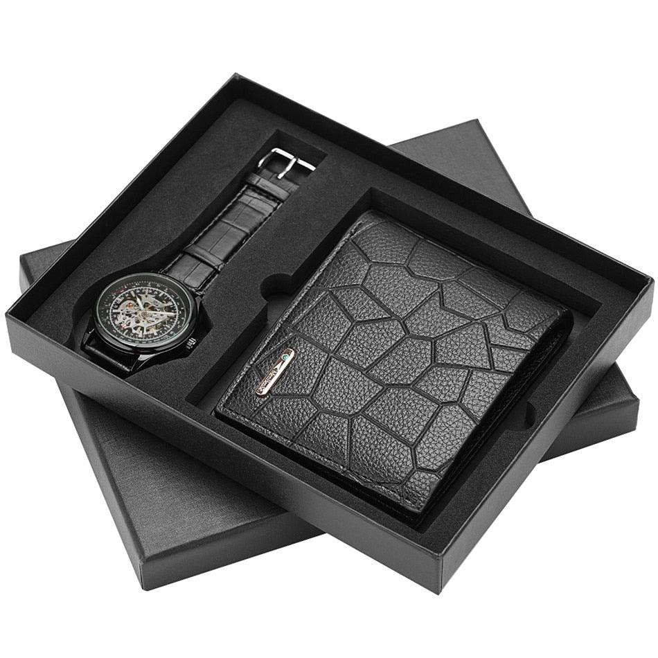 Great Mechanical Men Watch Purse Set - Luxury Business Gift Hand-Winding Men's Watch Present Box (1MA1)