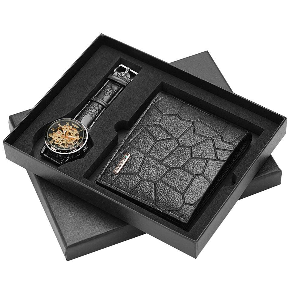 Great Mechanical Men Watch Purse Set - Luxury Business Gift Hand-Winding Men's Watch Present Box (1MA1)