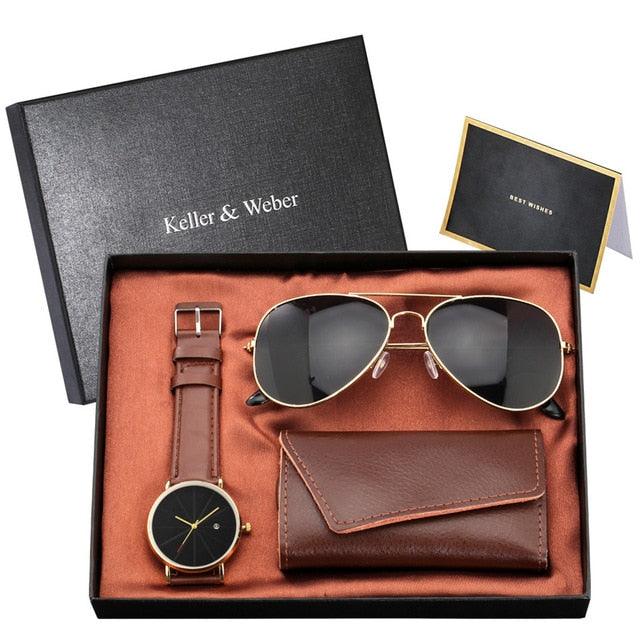 Trending Men Watch Sets - Husband/Son Birthday Gift Quartz Wristwatch Key Package (1MA1)