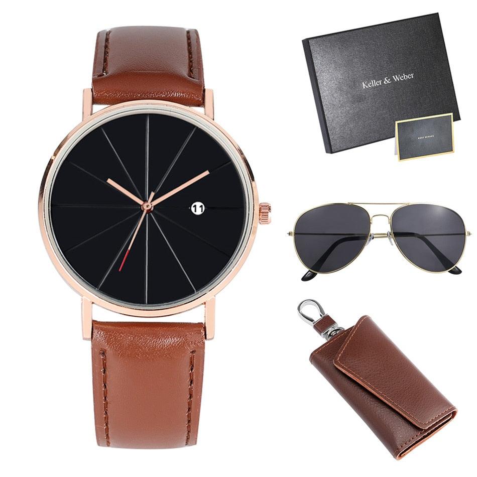 Trending Men Watch Sets - Husband/Son Birthday Gift Quartz Wristwatch Key Package (1MA1)